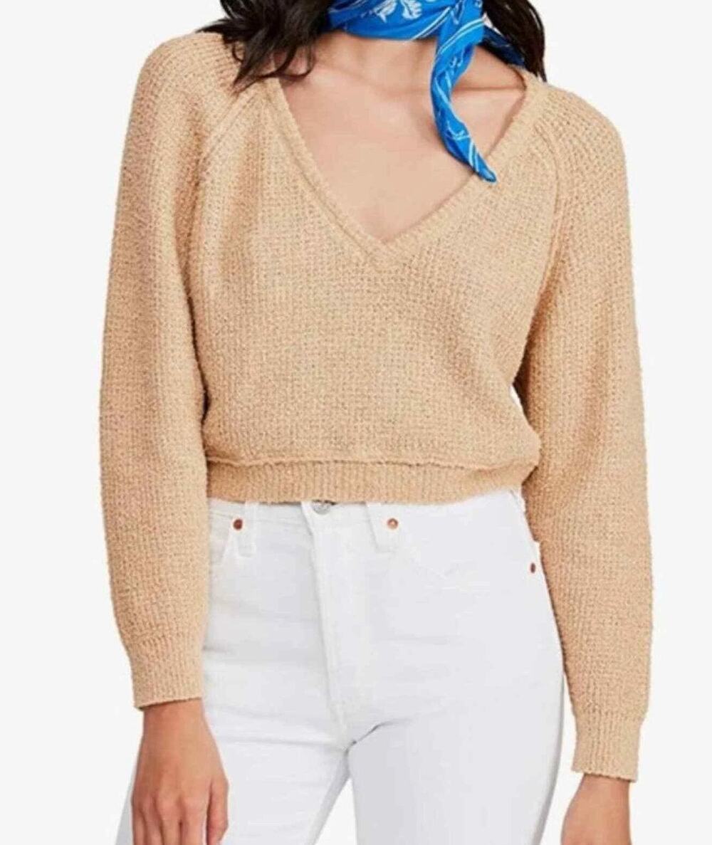 Free People High Low V-Neck Cropped Sweater Cream Size S